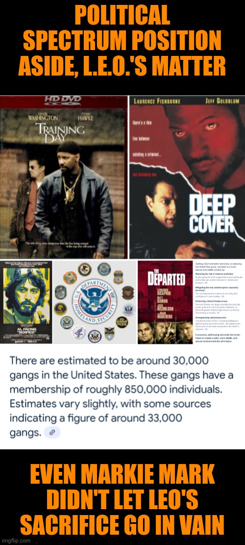 Funny | POLITICAL SPECTRUM POSITION ASIDE, L.E.O.'S MATTER; EVEN MARKIE MARK DIDN'T LET LEO'S SACRIFICE GO IN VAIN | image tagged in funny,politics,cops,law,criminals,undercover | made w/ Imgflip meme maker