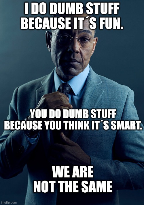 AAAAAAHHHHH | I DO DUMB STUFF BECAUSE IT´S FUN. YOU DO DUMB STUFF BECAUSE YOU THINK IT´S SMART. WE ARE NOT THE SAME | image tagged in gus fring we are not the same | made w/ Imgflip meme maker