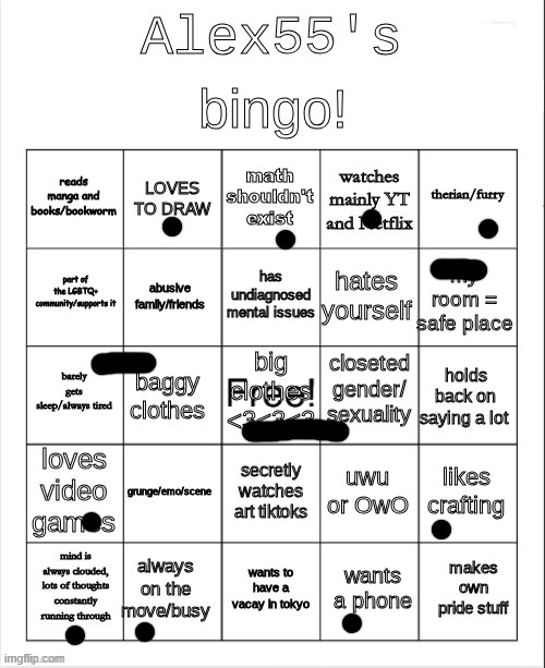 this bingo is so ass </3 | image tagged in alex55's bingo | made w/ Imgflip meme maker