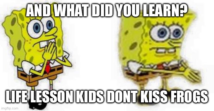 Spongebob *Inhale* Boi | AND WHAT DID YOU LEARN? LIFE LESSON KIDS DONT KISS FROGS | image tagged in spongebob inhale boi | made w/ Imgflip meme maker