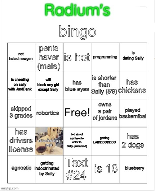 Radium Bingo (Sally made this on call) | image tagged in radium bingo sally made this on call | made w/ Imgflip meme maker