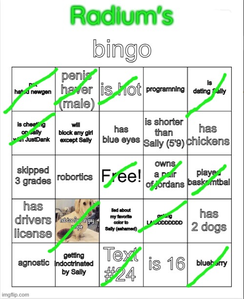 Radium Bingo (Sally made this on call) | image tagged in radium bingo sally made this on call | made w/ Imgflip meme maker
