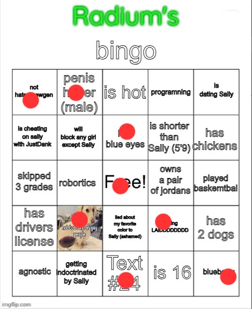 Radium Bingo (Sally made this on call) | image tagged in radium bingo sally made this on call | made w/ Imgflip meme maker