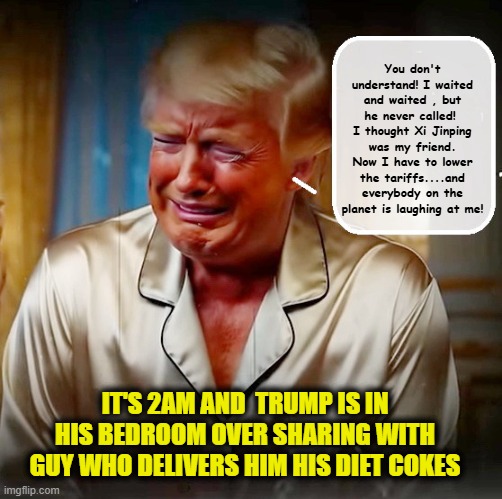 Trump Forced to Cave on China Tariffs...Art of the Deal... | You don't understand! I waited and waited , but he never called!  I thought Xi Jinping was my friend. Now I have to lower the tariffs....and everybody on the planet is laughing at me! IT'S 2AM AND  TRUMP IS IN HIS BEDROOM OVER SHARING WITH GUY WHO DELIVERS HIM HIS DIET COKES | image tagged in impeach trump,government corruption,china,trump is a moron,donald trump memes | made w/ Imgflip meme maker