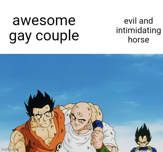 awesome gay couple; evil and intimidating horse | made w/ Imgflip meme maker