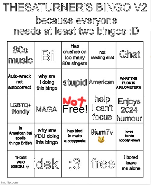 TheSaturner's bingo V2 | image tagged in thesaturner's bingo v2 | made w/ Imgflip meme maker