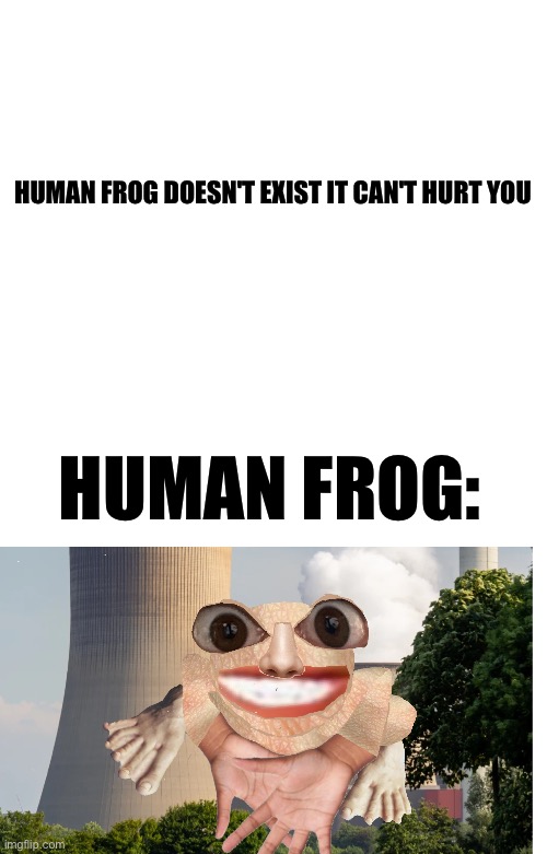 Human frog | HUMAN FROG DOESN'T EXIST IT CAN'T HURT YOU; HUMAN FROG: | image tagged in cursed | made w/ Imgflip meme maker