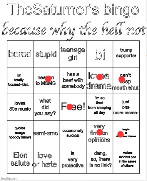 Saturner's Bingo Thingy | image tagged in saturner's bingo thingy | made w/ Imgflip meme maker