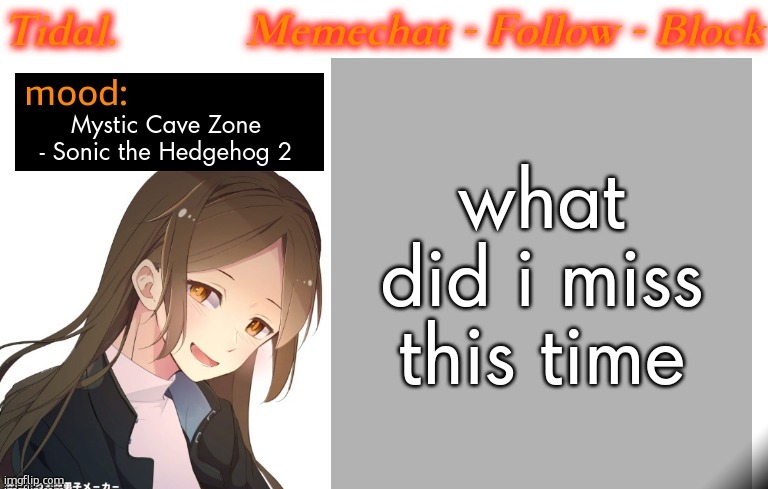 Tidal. Announcement temp (2025) | what did i miss this time; Mystic Cave Zone - Sonic the Hedgehog 2 | image tagged in tidal announcement temp 2025 | made w/ Imgflip meme maker