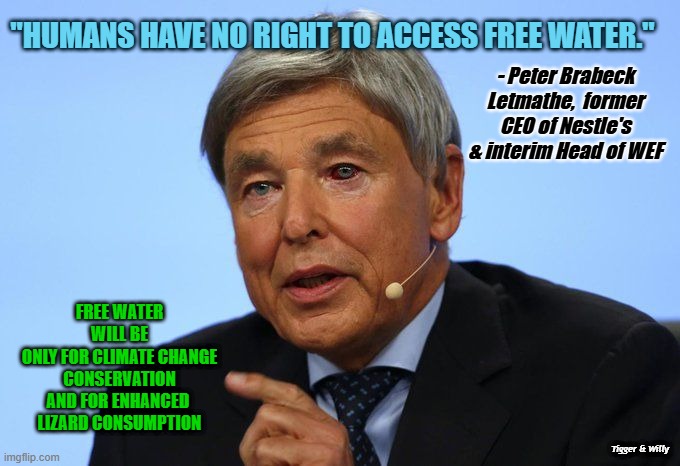 Klaus Schwab FORCED Resignation and his Interim Replacement | "HUMANS HAVE NO RIGHT TO ACCESS FREE WATER."; - Peter Brabeck Letmathe,  former CEO of Nestle's & interim Head of WEF; FREE WATER WILL BE
ONLY FOR CLIMATE CHANGE CONSERVATION
AND FOR ENHANCED 
LIZARD CONSUMPTION; Tigger & Willy | made w/ Imgflip meme maker