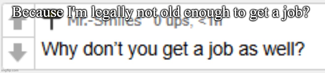 Because I'm legally not old enough to get a job? | made w/ Imgflip meme maker