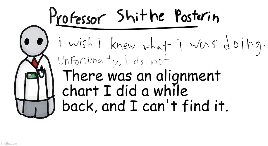 Professor Shitpost's anouncement template | There was an alignment chart I did a while back, and I can't find it. | image tagged in professor shitpost's anouncement template | made w/ Imgflip meme maker