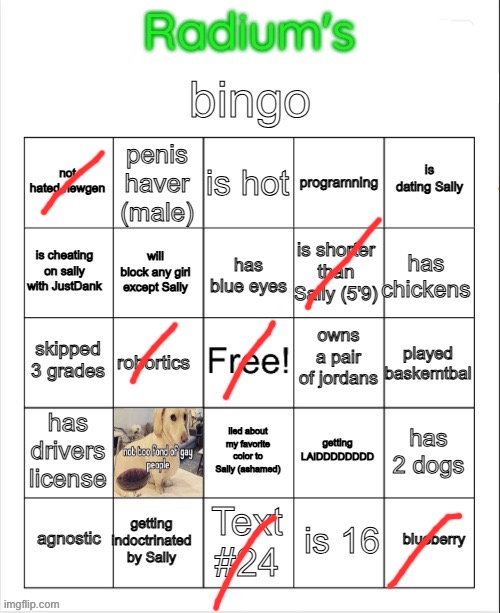Radium Bingo (Sally made this on call) | image tagged in radium bingo sally made this on call | made w/ Imgflip meme maker