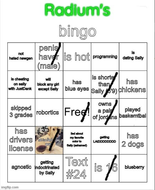 Radium Bingo (Sally made this on call) | image tagged in radium bingo sally made this on call | made w/ Imgflip meme maker