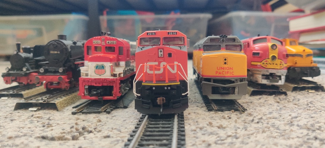 Hell yeah, the whole squad's here (all my model trains in one photo) | made w/ Imgflip meme maker