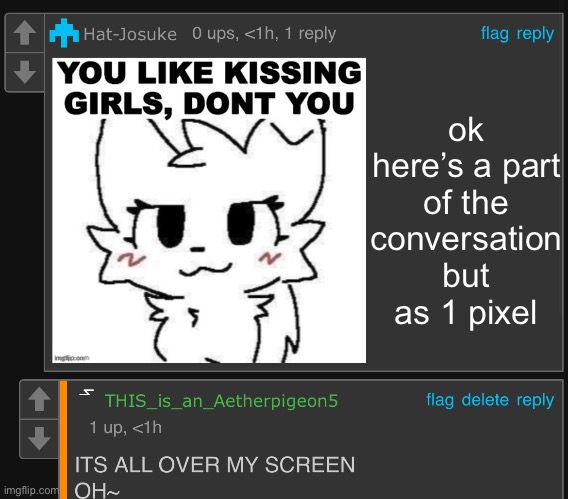 aetherpigeon5 busting | ok here’s a part of the conversation but as 1 pixel | image tagged in aetherpigeon5 busting | made w/ Imgflip meme maker