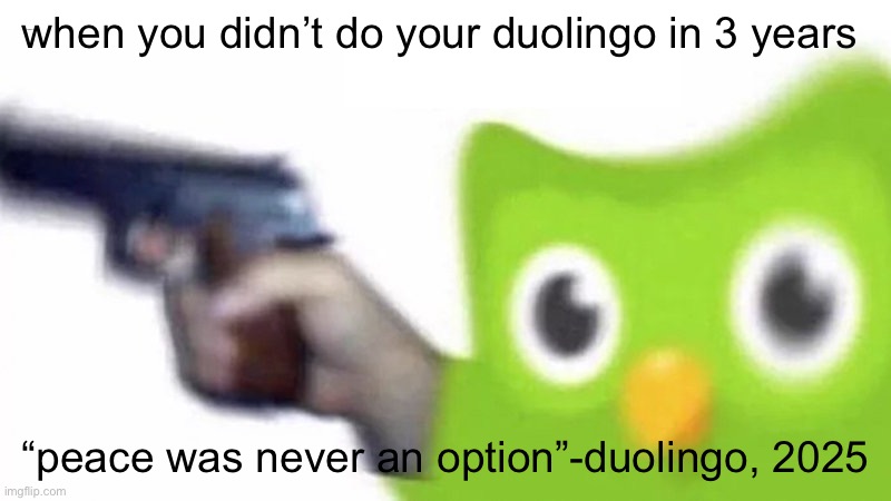 duolingo gun | when you didn’t do your duolingo in 3 years; “peace was never an option”-duolingo, 2025 | image tagged in duolingo gun | made w/ Imgflip meme maker
