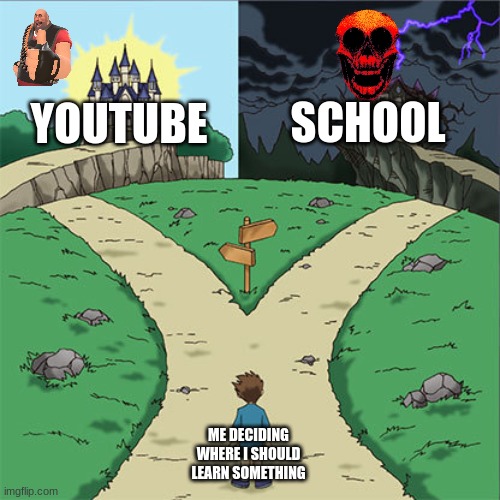 Two Paths | SCHOOL; YOUTUBE; ME DECIDING WHERE I SHOULD LEARN SOMETHING | image tagged in two paths | made w/ Imgflip meme maker