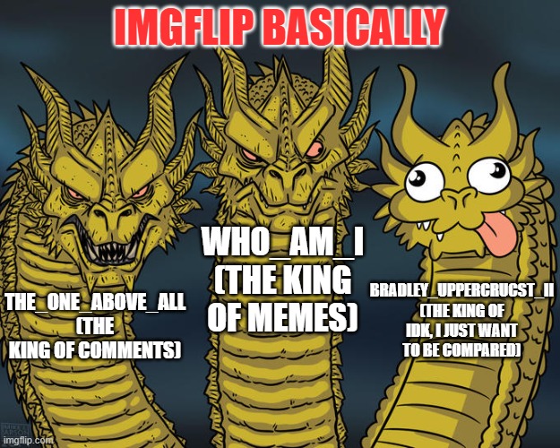 Fudvjfshoh wh shogdgv | IMGFLIP BASICALLY; WHO_AM_I (THE KING OF MEMES); BRADLEY_UPPERCRUCST_II (THE KING OF IDK, I JUST WANT TO BE COMPARED); THE_ONE_ABOVE_ALL (THE KING OF COMMENTS) | image tagged in three-headed dragon,who_am_i,dragon,memes,politics lol,philosoraptor | made w/ Imgflip meme maker