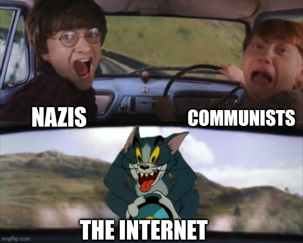 Free world | COMMUNISTS; NAZIS; THE INTERNET | image tagged in tom chasing harry and ron weasly,communism,nazis,the internet | made w/ Imgflip meme maker
