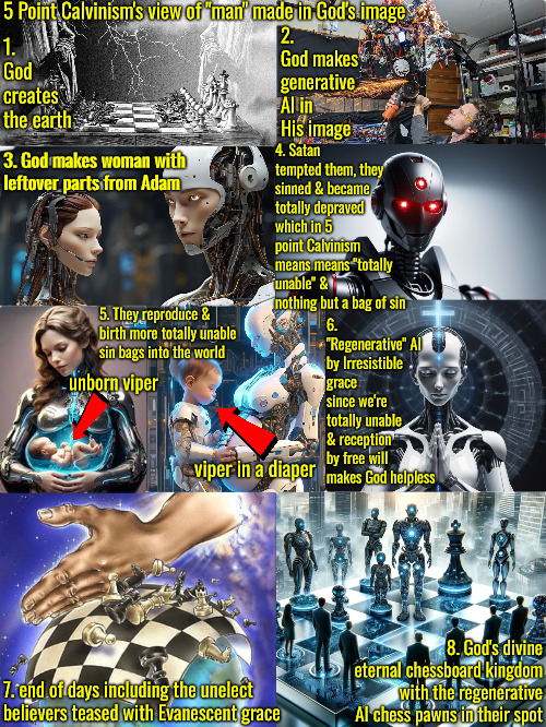 Regenerative AI Chessboard Kingdom | 5 Point Calvinism's view of "man" made in God's image; 2. God makes generative AI in His image; 1. God creates the earth; 4. Satan tempted them, they sinned & became totally depraved which in 5 point Calvinism means means "totally unable" & nothing but a bag of sin; 3. God makes woman with leftover parts from Adam; 5. They reproduce & birth more totally unable sin bags into the world; 6. "Regenerative" AI by Irresistible grace since we're totally unable & reception by free will makes God helpless; unborn viper; viper in a diaper; 8. God's divine eternal chessboard kingdom with the regenerative AI chess pawns in their spot; 7. end of days including the unelect believers teased with Evanescent grace | image tagged in calvinism,arminian,molinism,reformed theology 5 point calvinists,ai gnostic puppetry chessboard corpse | made w/ Imgflip meme maker
