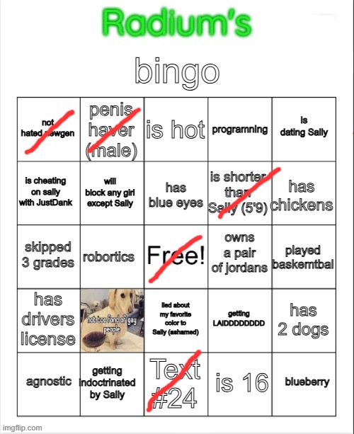 Radium Bingo (Sally made this on call) | image tagged in radium bingo sally made this on call | made w/ Imgflip meme maker