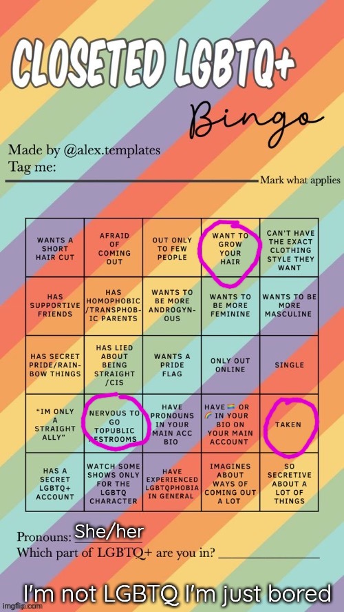 . | She/her; I'm not LGBTQ I'm just bored | image tagged in closeted lgbtq bingo | made w/ Imgflip meme maker