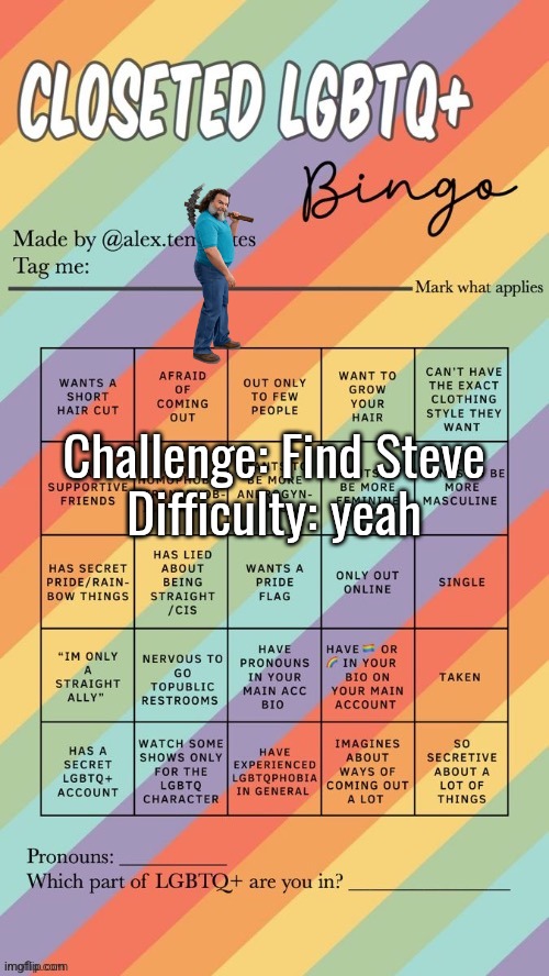 Closeted LGBTQ+ Bingo | Challenge: Find Steve
Difficulty: yeah | image tagged in closeted lgbtq bingo | made w/ Imgflip meme maker