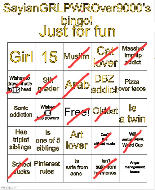 SayianGRLPWROver9000’s bingo | HIS; HE | image tagged in sayiangrlpwrover9000 s bingo | made w/ Imgflip meme maker