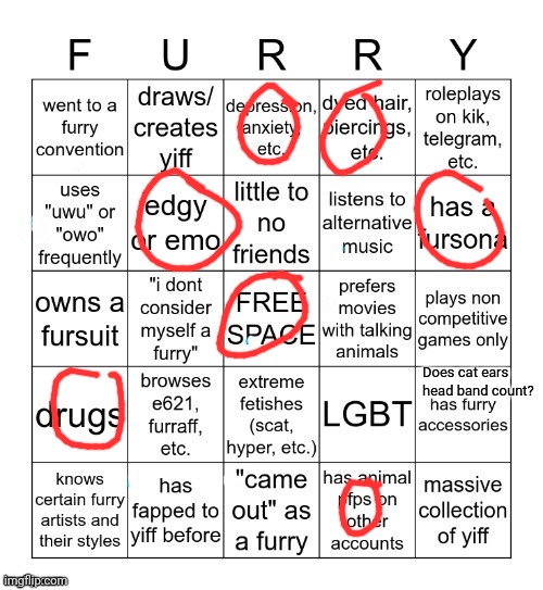 Not a furry just bored | Does cat ears head band count? | image tagged in furry bingo v2 | made w/ Imgflip meme maker