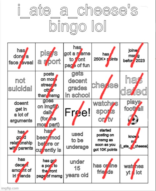 i_ate_a_cheese's msmg bingo | ⚽️ | image tagged in i_ate_a_cheese's msmg bingo | made w/ Imgflip meme maker