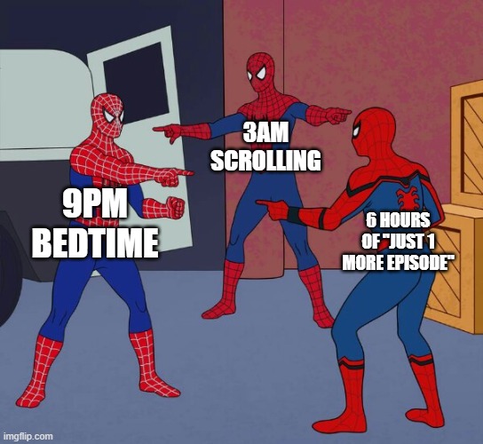 My Life | 3AM SCROLLING; 9PM BEDTIME; 6 HOURS OF "JUST 1 MORE EPISODE" | image tagged in spider man triple | made w/ Imgflip meme maker