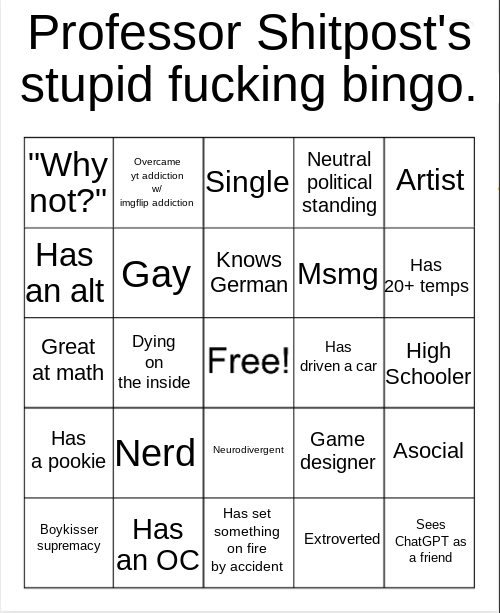 Professor Shitpost's stupid bingo Blank Meme Template