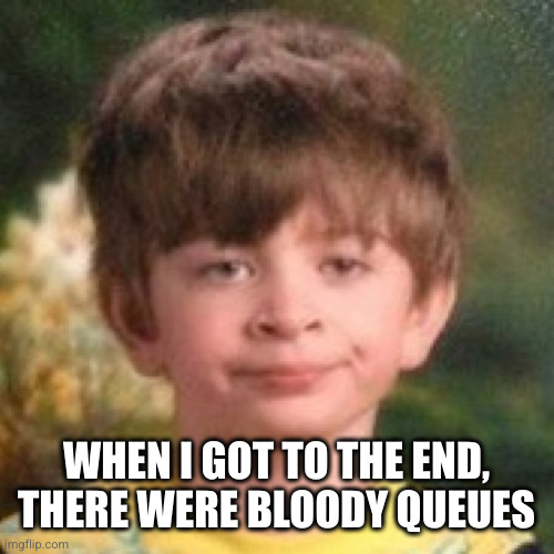 Annoyed face | WHEN I GOT TO THE END, THERE WERE BLOODY QUEUES | image tagged in annoyed face | made w/ Imgflip meme maker