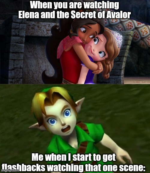 Fellas, Link kinda does not know about what happens in that one scene from Elena and the Secret of Avalor | When you are watching Elena and the Secret of Avalor; Me when I start to get flashbacks watching that one scene: | image tagged in shocked link,the legend of zelda,sofia the first,fun,memes,funny memes | made w/ Imgflip meme maker