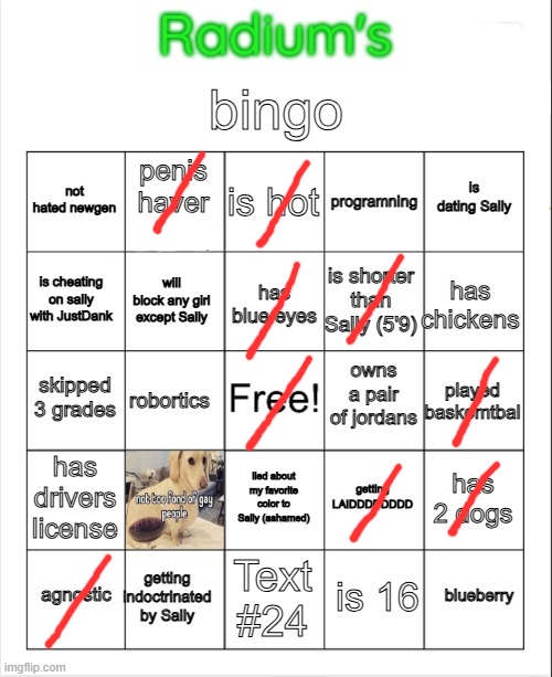 Radium Bingo (Sally made this on call) | image tagged in radium bingo sally made this on call | made w/ Imgflip meme maker