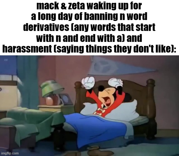 mack & zeta waking up for a long day of banning n word derivatives (any words that start with n and end with a) and harassment (saying things they don't like): | made w/ Imgflip meme maker