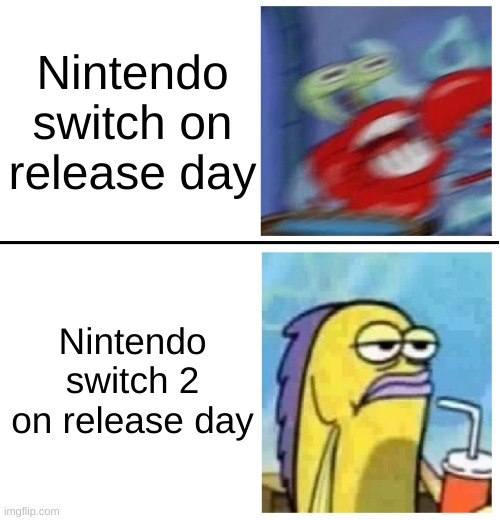 Switch 1 vs. Switch 2 | Nintendo switch on release day; Nintendo switch 2 on release day | image tagged in excited vs bored | made w/ Imgflip meme maker