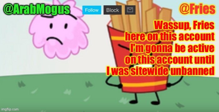 ArabMogus and Fries shared temp | Wassup, Fries here on this account
I'm gonna be active on this account until I was sitewide unbanned | image tagged in arabmogus and fries shared temp | made w/ Imgflip meme maker