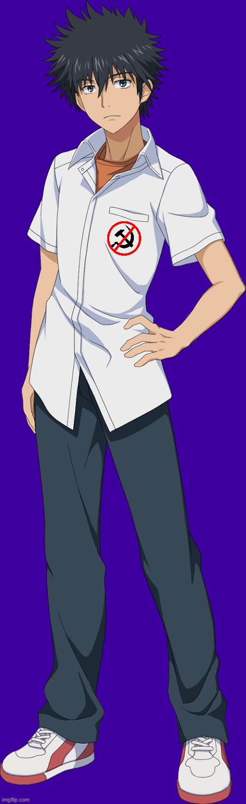 Touma Kamijou with anti communist symbol | image tagged in communism,toaru,anime | made w/ Imgflip meme maker