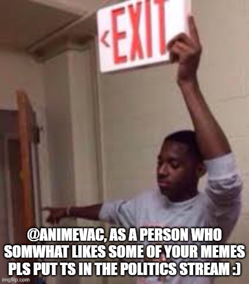 ye | @ANIMEVAC, AS A PERSON WHO SOMWHAT LIKES SOME OF YOUR MEMES PLS PUT TS IN THE POLITICS STREAM :) | made w/ Imgflip meme maker