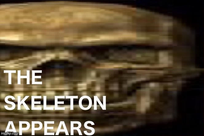 THE SKELETON APPEARS | image tagged in the skeleton appears | made w/ Imgflip meme maker