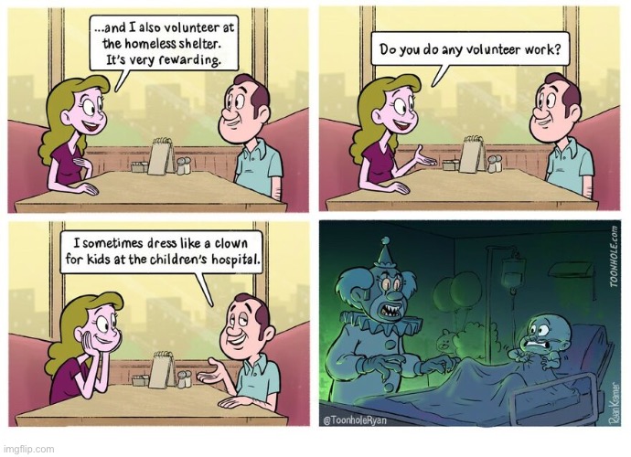 image tagged in comics,volunteer work,evil clown,hospital,homeless shelter | made w/ Imgflip meme maker