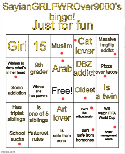 SayianGRLPWROver9000’s bingo | image tagged in sayiangrlpwrover9000 s bingo,random,bingo | made w/ Imgflip meme maker