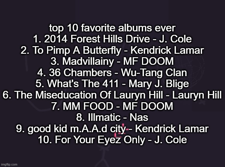vik's image | top 10 favorite albums ever
1. 2014 Forest Hills Drive - J. Cole
2. To Pimp A Butterfly - Kendrick Lamar
3. Madvillainy - MF DOOM
4. 36 Chambers - Wu-Tang Clan
5. What's The 411 - Mary J. Blige
6. The Miseducation Of Lauryn Hill - Lauryn Hill
7. MM FOOD - MF DOOM
8. Illmatic - Nas
9. good kid m.A.A.d city - Kendrick Lamar
10. For Your Eyez Only - J. Cole | image tagged in vik's image | made w/ Imgflip meme maker