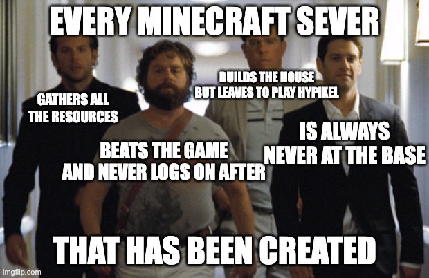 Every Minecraft sever ever | EVERY MINECRAFT SEVER; BUILDS THE HOUSE BUT LEAVES TO PLAY HYPIXEL; GATHERS ALL THE RESOURCES; IS ALWAYS NEVER AT THE BASE; BEATS THE GAME AND NEVER LOGS ON AFTER; THAT HAS BEEN CREATED | image tagged in group project | made w/ Imgflip meme maker