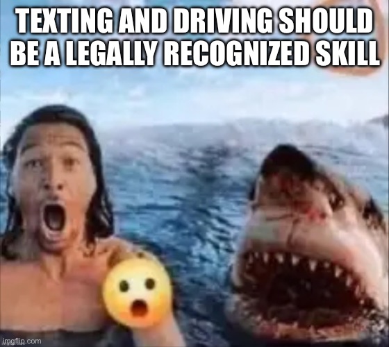 Shark | TEXTING AND DRIVING SHOULD BE A LEGALLY RECOGNIZED SKILL | image tagged in shark | made w/ Imgflip meme maker