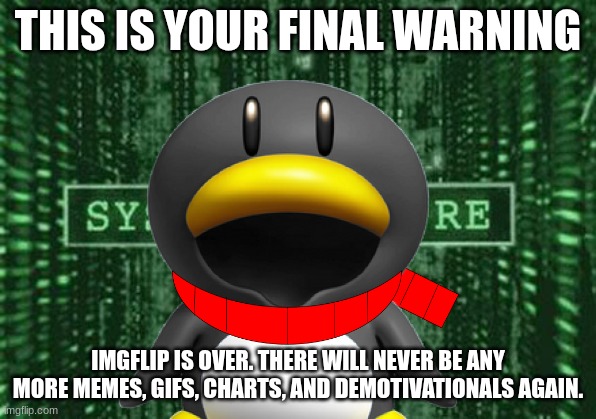 YOU BETTER BE LISTENING | THIS IS YOUR FINAL WARNING; IMGFLIP IS OVER. THERE WILL NEVER BE ANY MORE MEMES, GIFS, CHARTS, AND DEMOTIVATIONALS AGAIN. | image tagged in glitch in the matrix | made w/ Imgflip meme maker