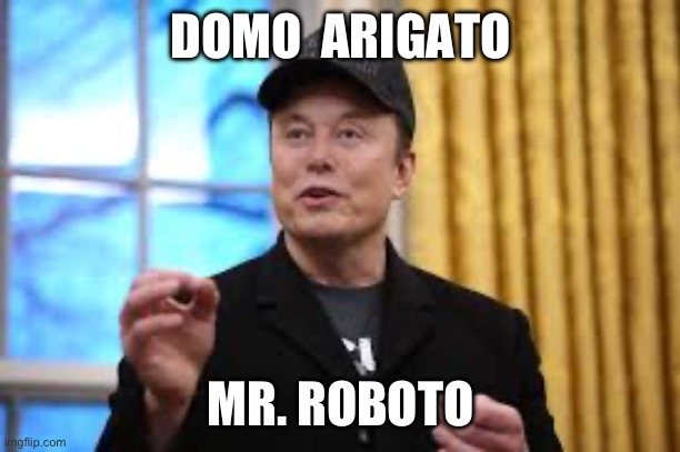 DOMO  ARIGATO; MR. ROBOTO | image tagged in elon musk,doge,tesla,money laundering | made w/ Imgflip meme maker