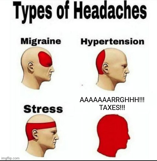 Taxes | AAAAAAARRGHHH!!! TAXES!!! | image tagged in types of headaches meme,jpfan102504,relatable | made w/ Imgflip meme maker